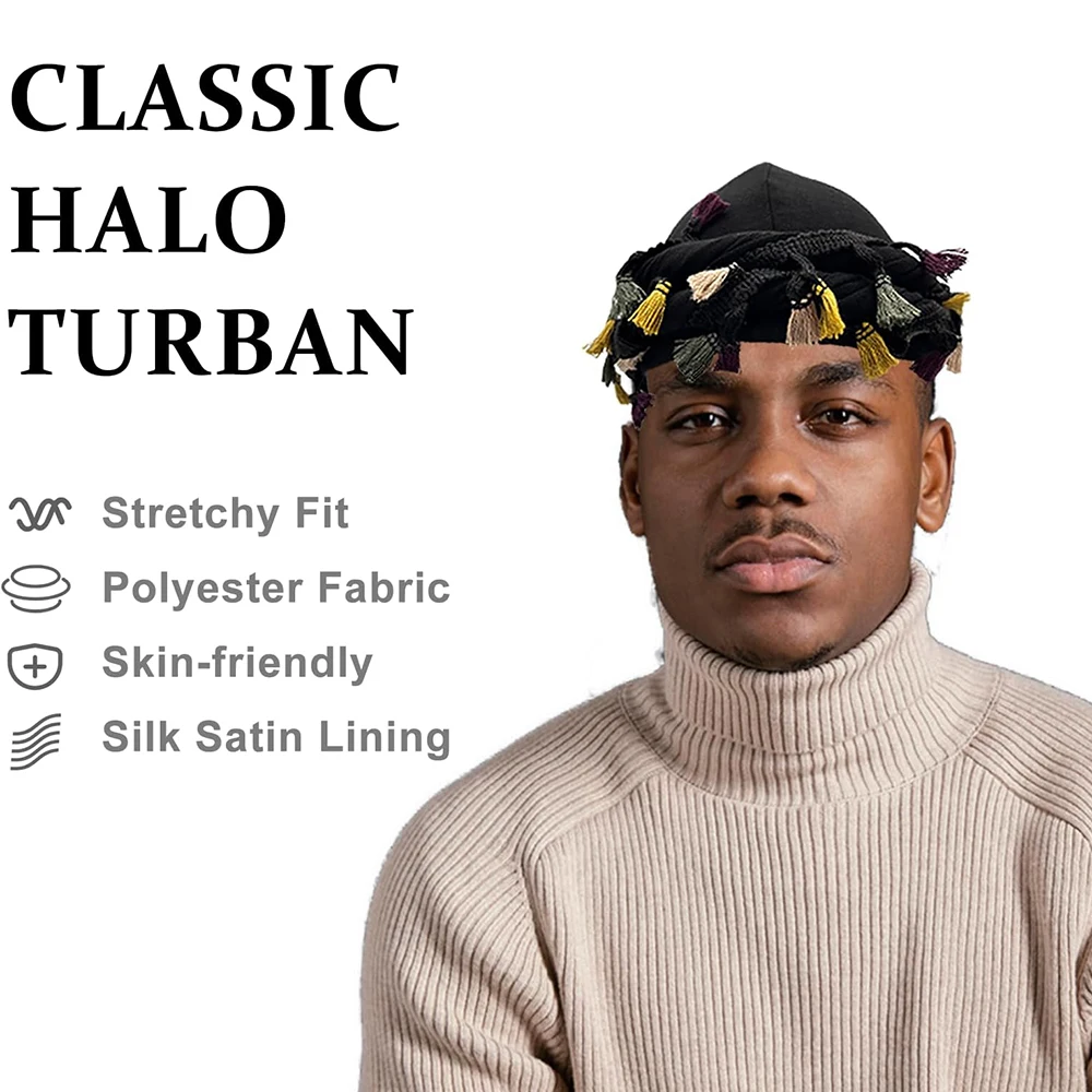 Turban for Men Women Satin Lined Durag Head Wraps Skull Cap Pre-Tied Tassels Braid Beanie Vintage Twist Bonnet