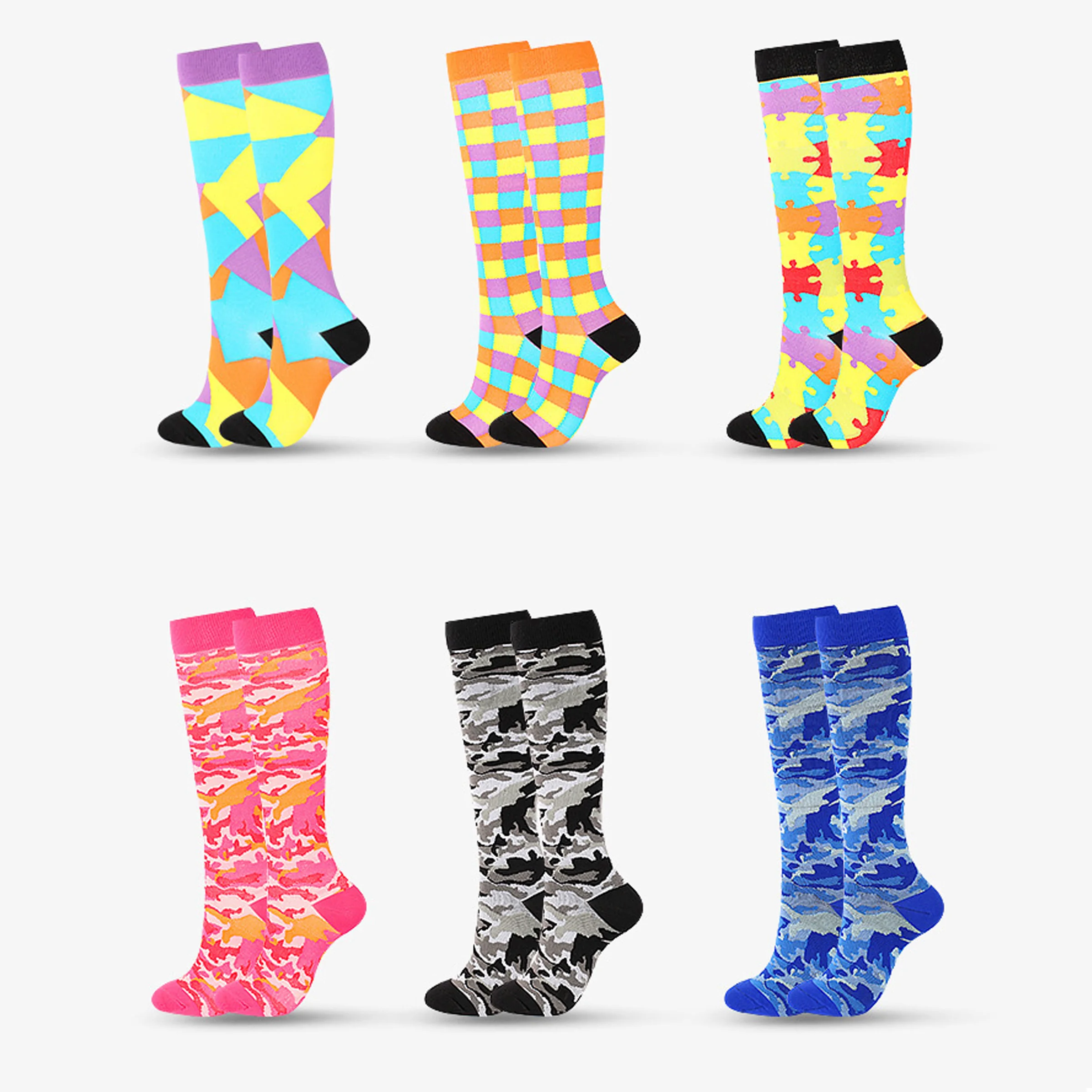 Wholesale Unisex 20-30mmhg Knee High Compression Socks Running Cycling Nurse Football Sport Colorful Stripe Dot Happy Socks