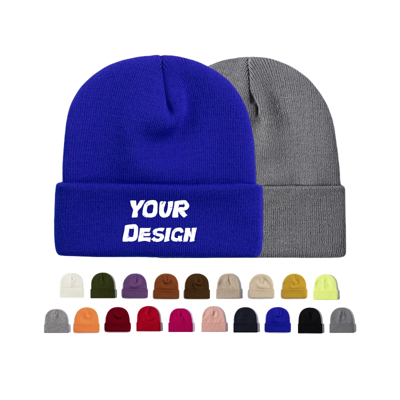 Wholesale Unisex Jacquard Designer Custom Embroidered Knitted Beanie Hat Solid Color Winter Long Thick Warm Bonnet