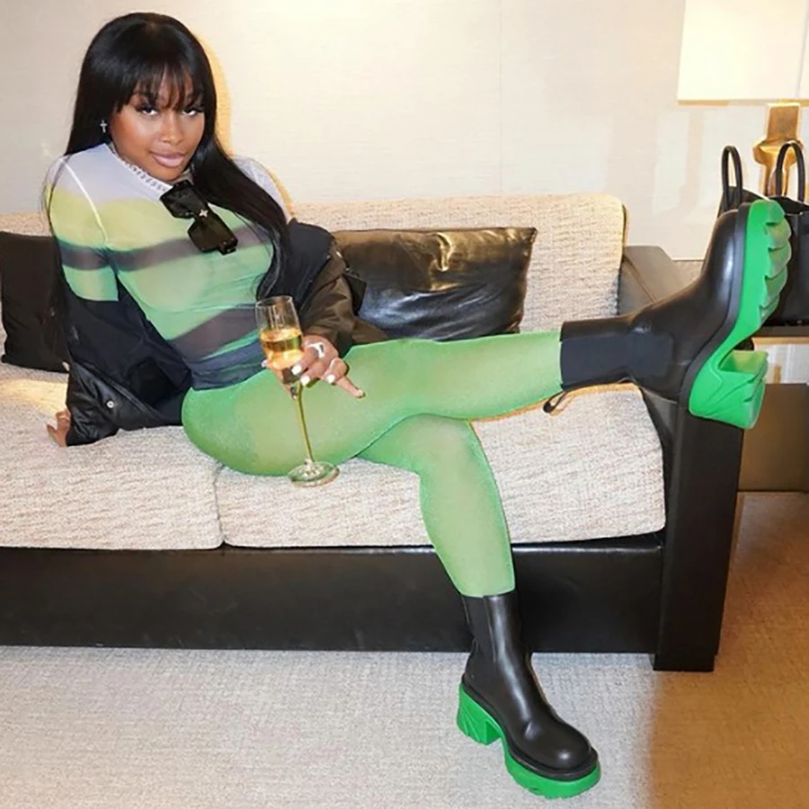 Nibber K21S07575 Autumn High Streetwear Y2K Print Stripe Long Sleeve Mesh Top Sheath Slim Body-Shaping Pants Women Two Piece Set