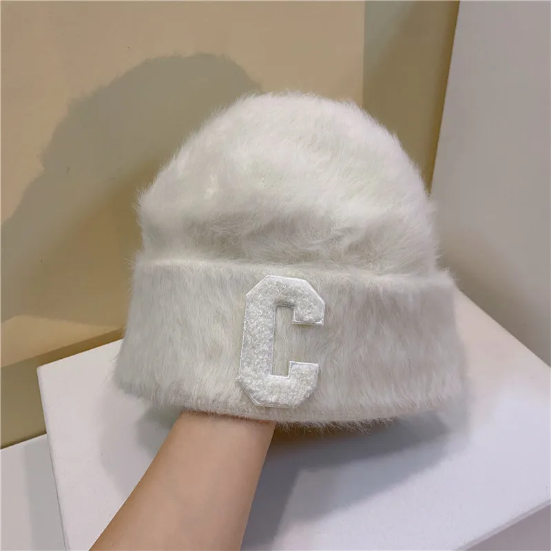 Плюшевая Шапка-бини, модная пушистая Длинная зимняя шапка из кроличьего меха, Женская плюшевая шапка с буквенным носком, вязаная теплая Шапка-бини