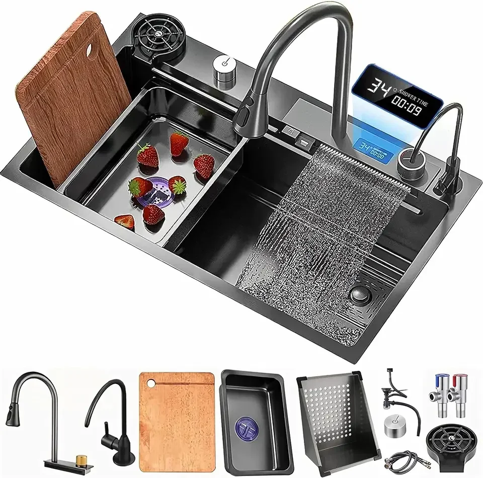 TOP1 Waterfall Sink Kitchen Sink Stainless Steel Dishwashing Basin Multi-Function Large Single Tank Kitchen Novel Kitchen Faucet