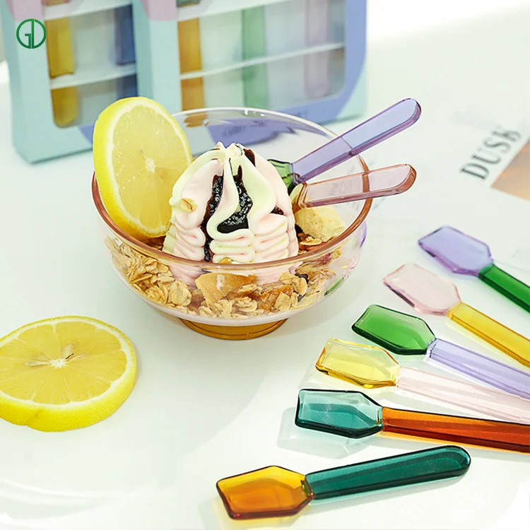 Custom Colorful borosilicate glass Yogurt Green Pink Reusable ice cream spoon long handle stirring coffee spoon dessert