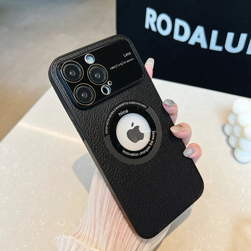 OEM Luxury Litchi patterned Magnetic Case with Camera Protector for iPhone 12 13 14 Pro Max Wireless Charger Phone Case