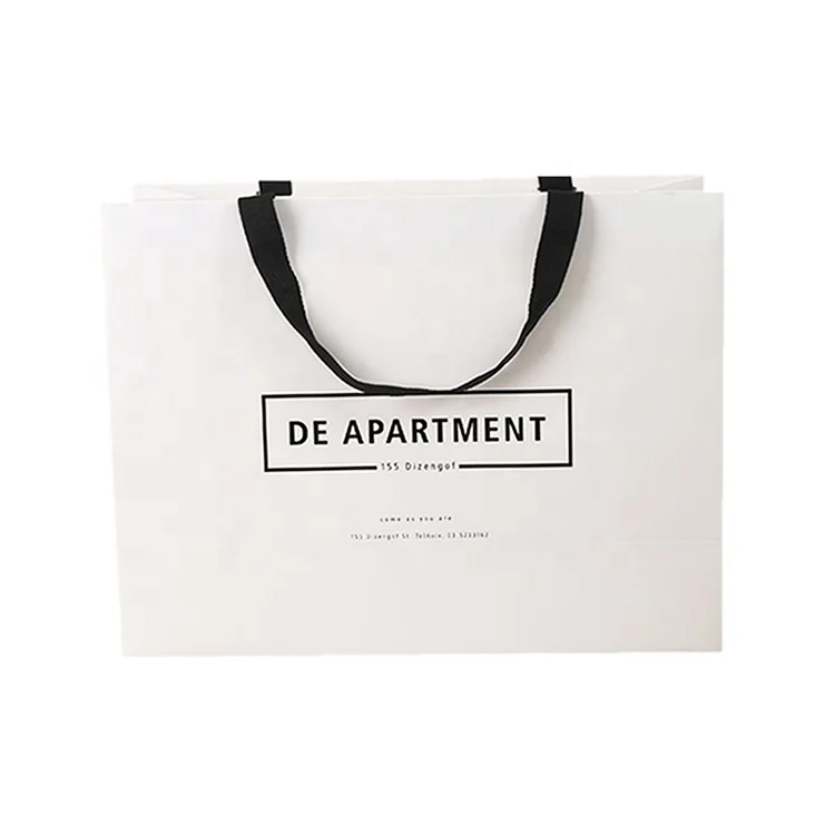 PB-09 Custom hot sale printing black logo matte lamination white card paper bag with black ribbon handles