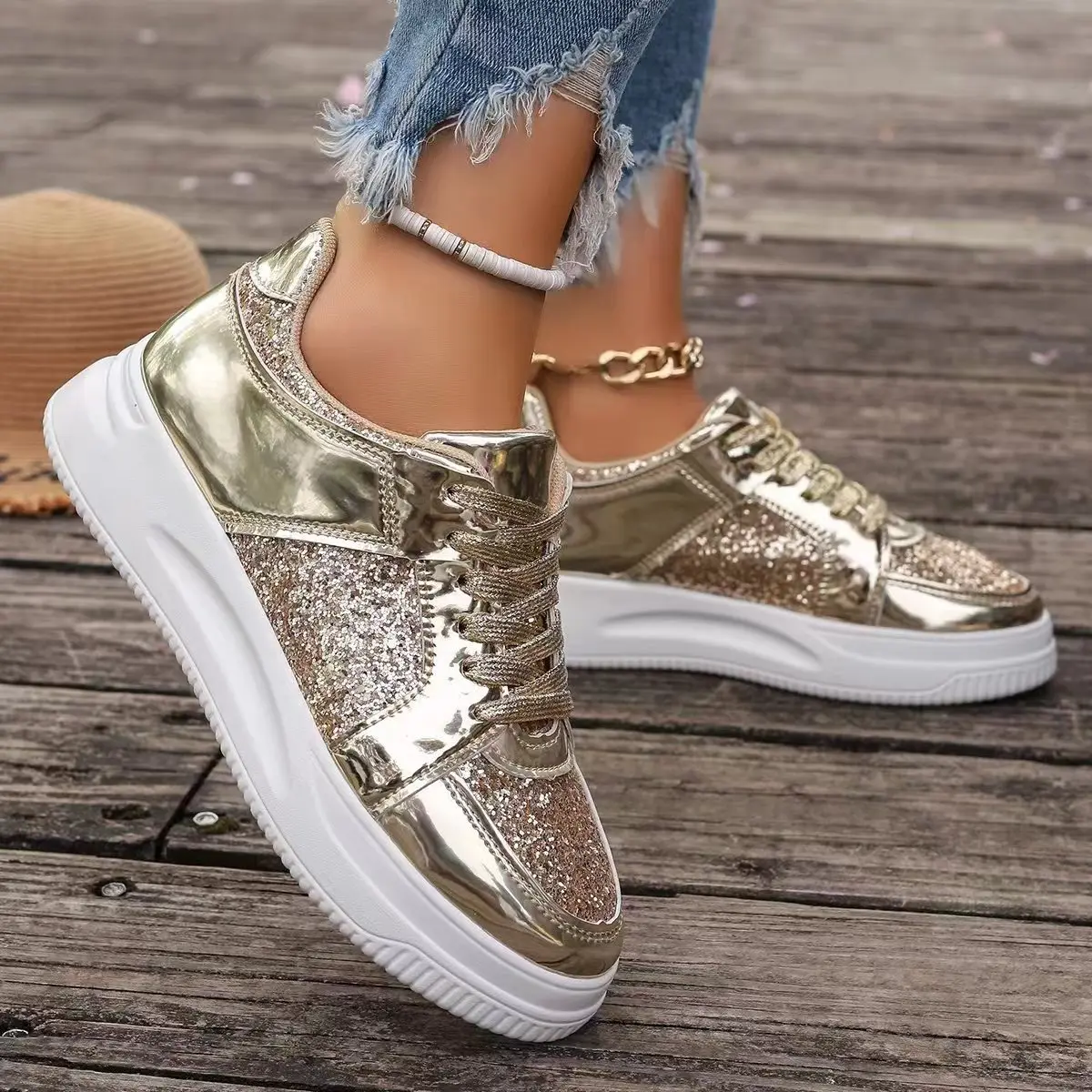 BUSY GIRL ZG4484 Sneakers for Ladies Walking Style Shoes Women Wholesale Gold Silver Sequin Size 11 Running