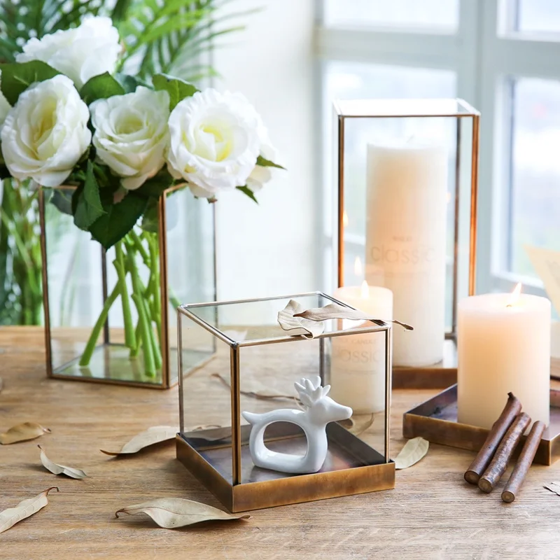 Bixuan Candle Lantern Clear Crystal Glass Bronze Brass Frame Hanging Hurricane Tea Light Holder Square Glass Display Boxes M