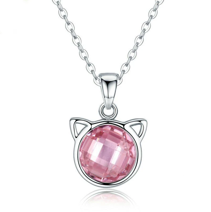 
Most popular products cat pink stone design 925 Sterling silver Pink CZ diamond stone necklace 