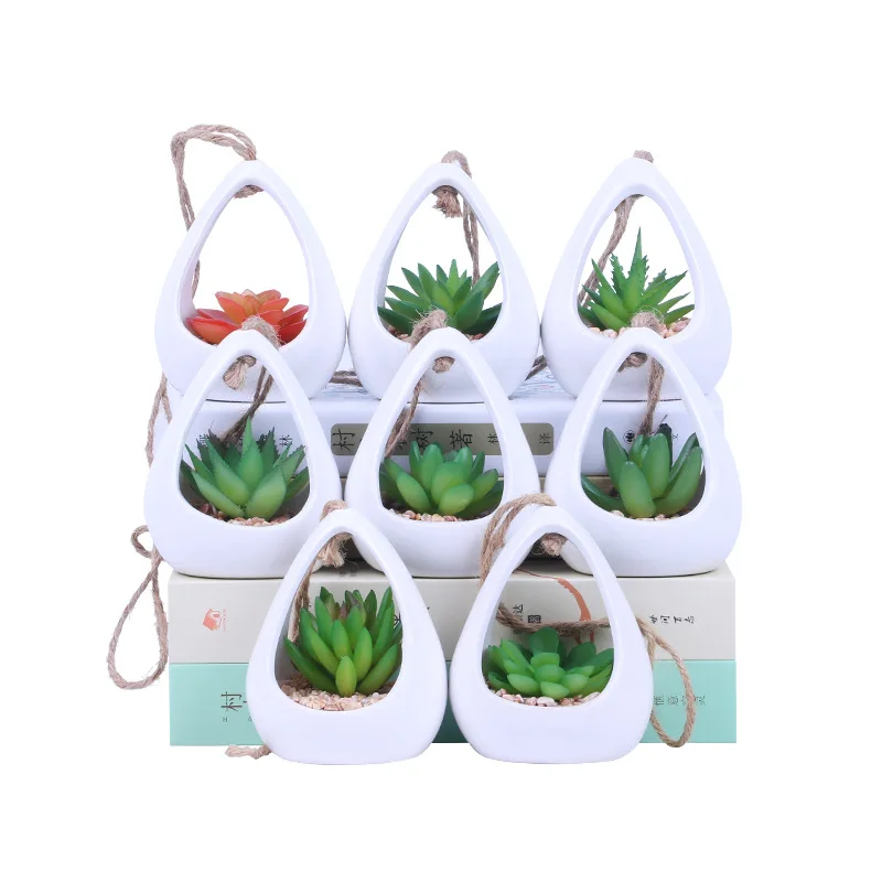 Hanging Potted Artificial Succulents Plants Mini Green Grass Planter Pot Succulent Ceramic Pots Set For Decoration