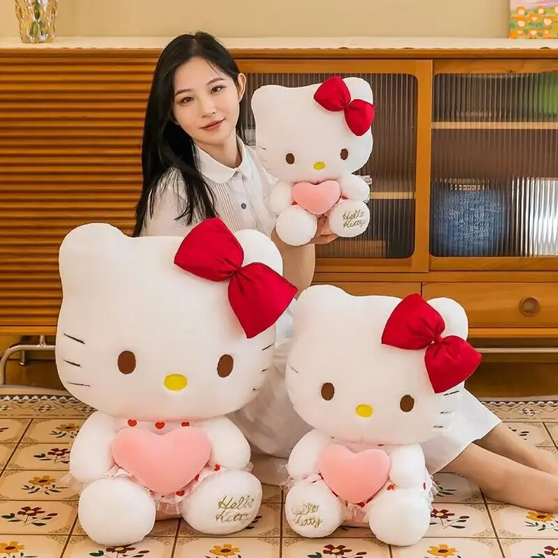 Sanrioed Love Heart-Shaped Plush Doll Kawaii KT Cat Cartoon Plushie Toy Home Decoration Children Birthday Gift