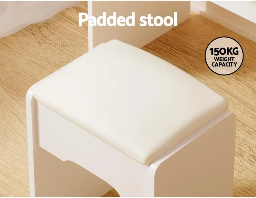 White Dressing Table LED Mirror Makeup Stool Set Wooden Vanity Desk Chair For Home Bedroom