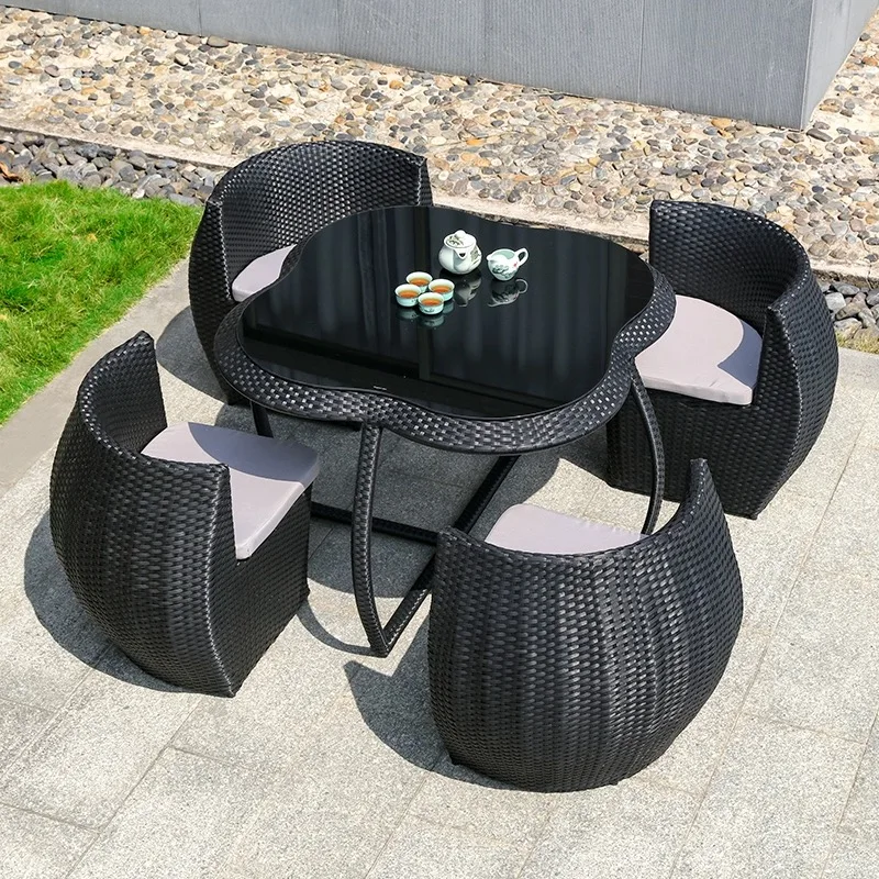 Outdoor PE plastic round gray space saving furniture garden rattan table and chairs sets