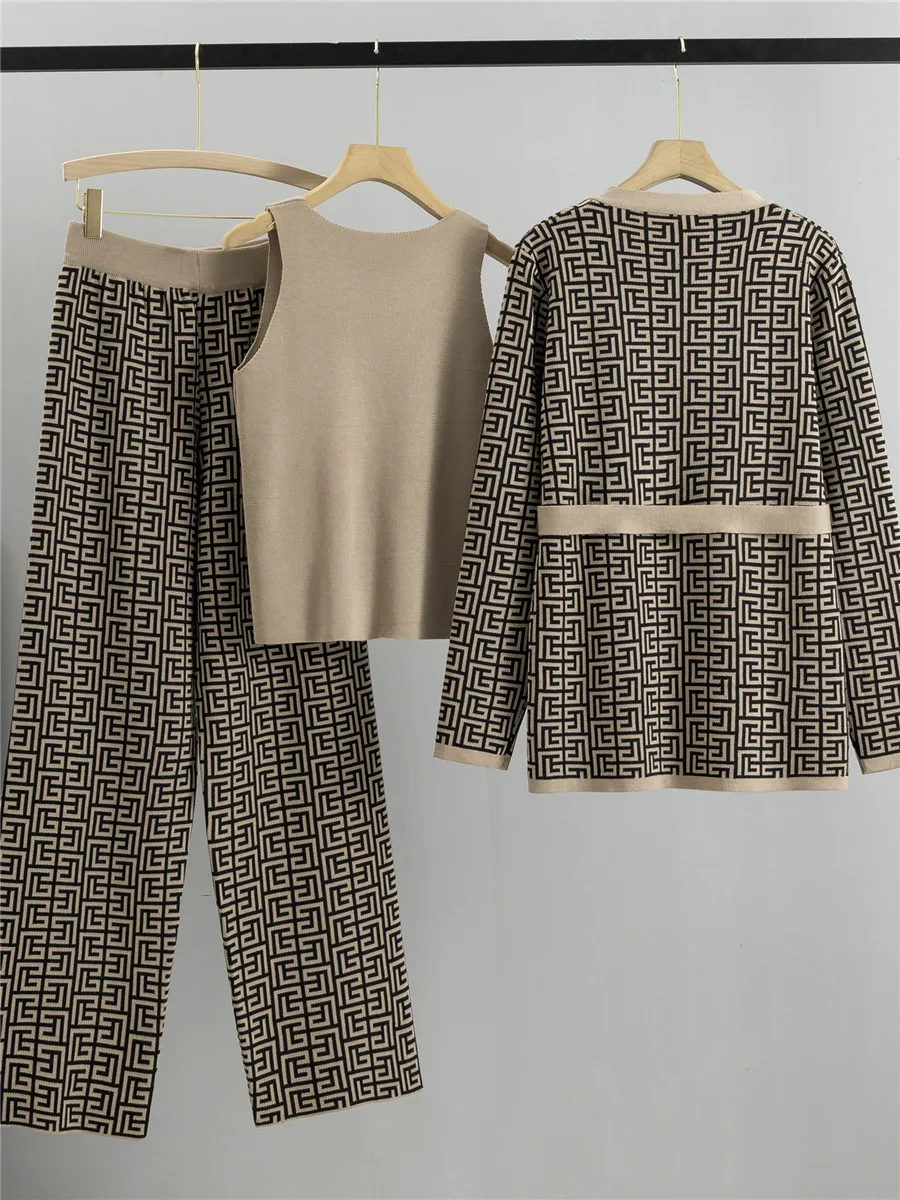 B578 Women Cotton Sweater Set 2 or 3 Piece Outfits Short/long Sleeve Knit Pullover Tops High Waist Wide Leg Pants Lounge Sets