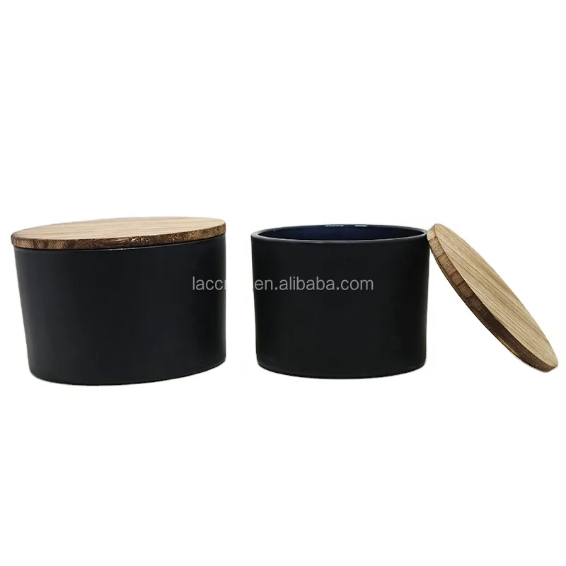 Wide shape glass candle container with lid candle jar for 3 wicks matte black large candle holder