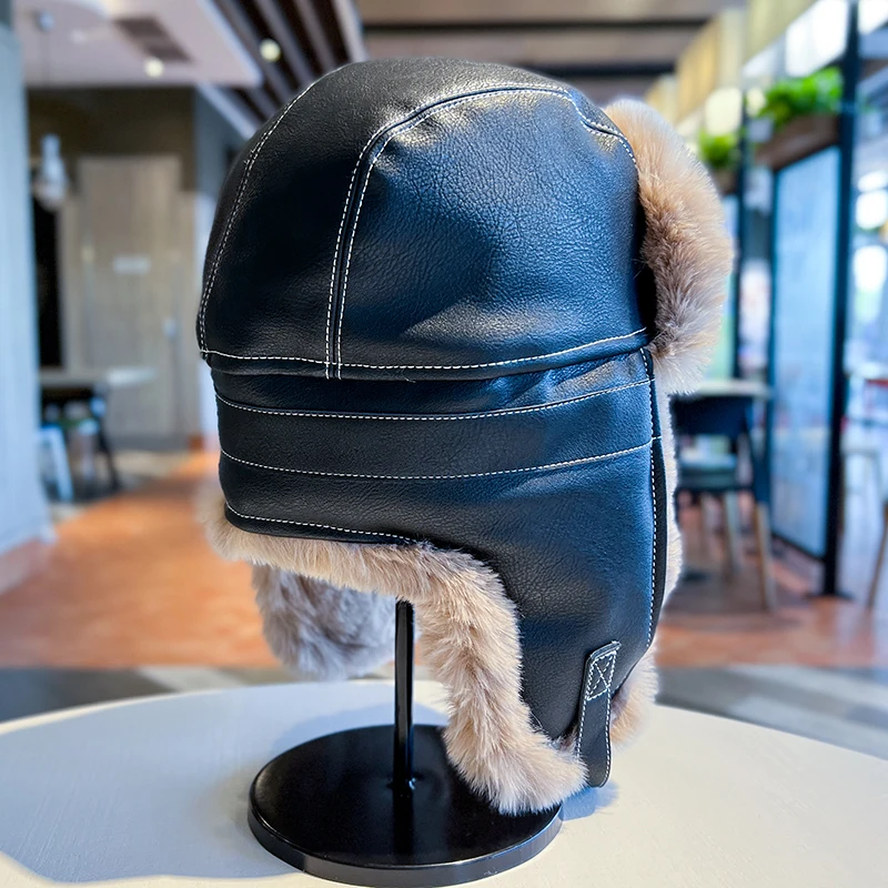 Wholesale Fashion Winter Thicken Warm Plush PU Leather Trooper Hats With Ear Flaps