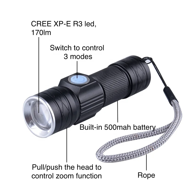 
500mah 16320 Zoom Portable Mini Flash Light USB Magnetic Rechargeable Flashlight 