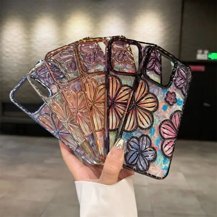 Luxury Electroplate Colours Oil Painting Flower Mobile Phone Case 3D Soft Back Cover For iPhone 15 14 13 12 11 pro max Shell