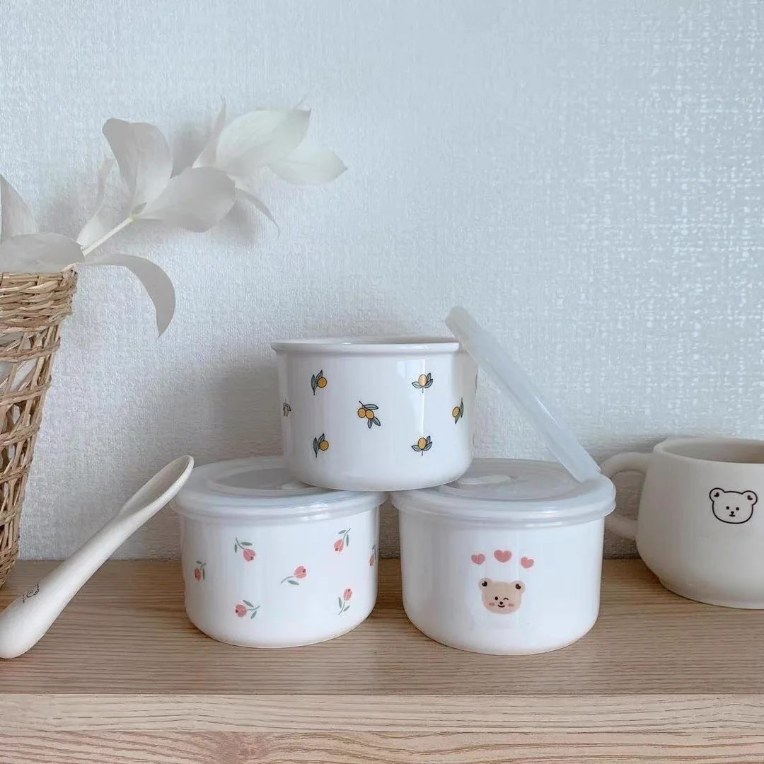 New Baby Dinnerware Keep Fresh and Sealed Infant Tableware Bear Pattern Toddler Plate Ceramic Bowl with silicone lid