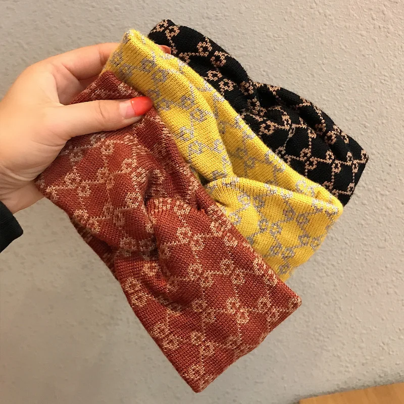 Custom Logo Elastic Hair Band Winter Knit Plaid Cross Head Band Ear Warmer Headband Crocheted Knitted Head Wraps For Women Girls