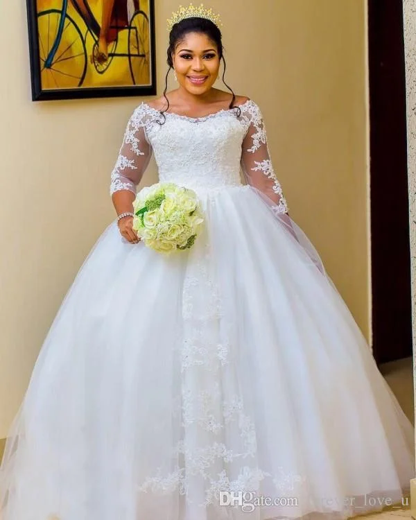 Hot sale Lace Beaded Sheer Neck  Bridal Dresses long tail Cheap Long Sleeve Puffy Floor length 2023 Wedding Gowns MW33