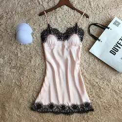 High Quality Lingerie Silk Sleepwear Sleeveless Chemise Pajamas Satin Lace Night Dress for Women