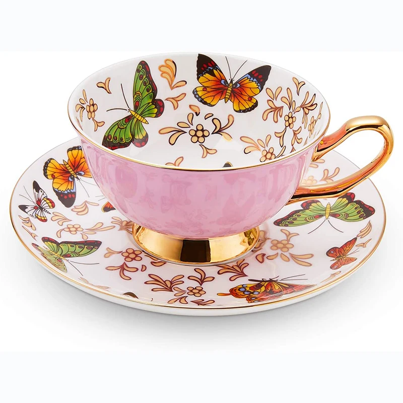 
8oz Amazon Hot Sale High Bone China Coffee Tea Cups and Saucers Sets with Pattern Butterflies Ceramic Cups 