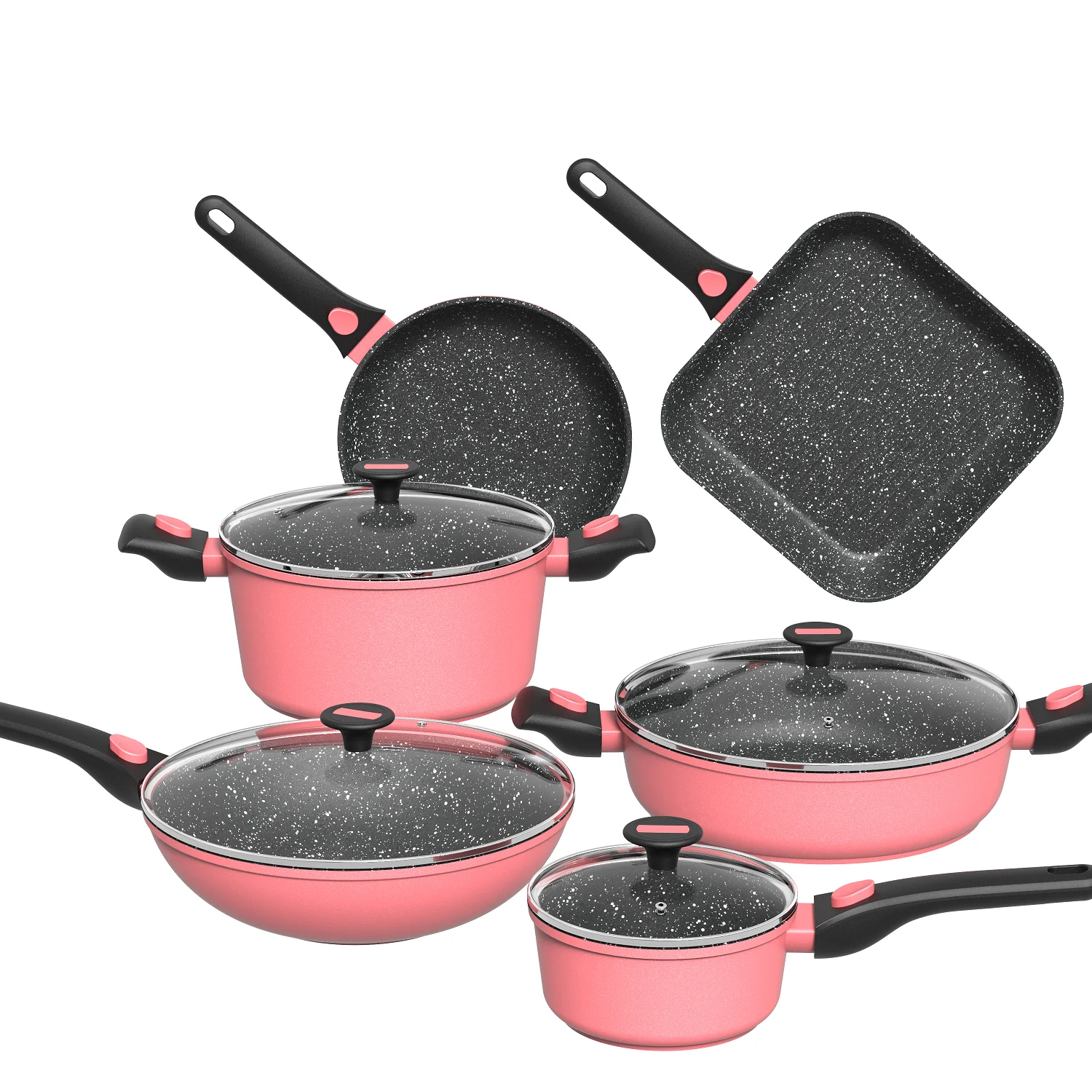 BESCO OEM эссенция серия алюминиевый сплав мраморная розовая Посуда Набор из 7 Xylan плюс серебряное алмазное антипригарное покрытие
