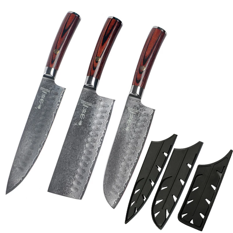 
Hot Sale 67 Layers Japanese Damascus Steel Hand Forged VG10 3 Pieces Wholesale Damascus Kitchen Knife With Sheath 