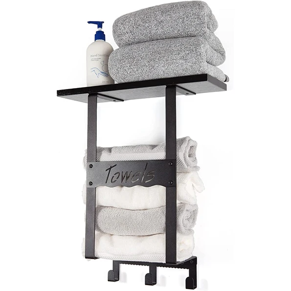 Metal Towel Holder for Bathroom Wall with 3 Hooks and Wooden Shelf - Matte Black Towel Racks for Bathroom