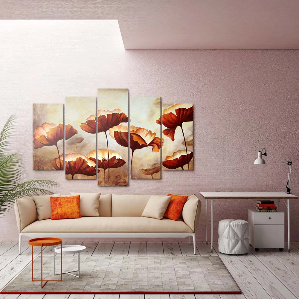 5 panels personalised custom split Lotus leaf painting canvas prints