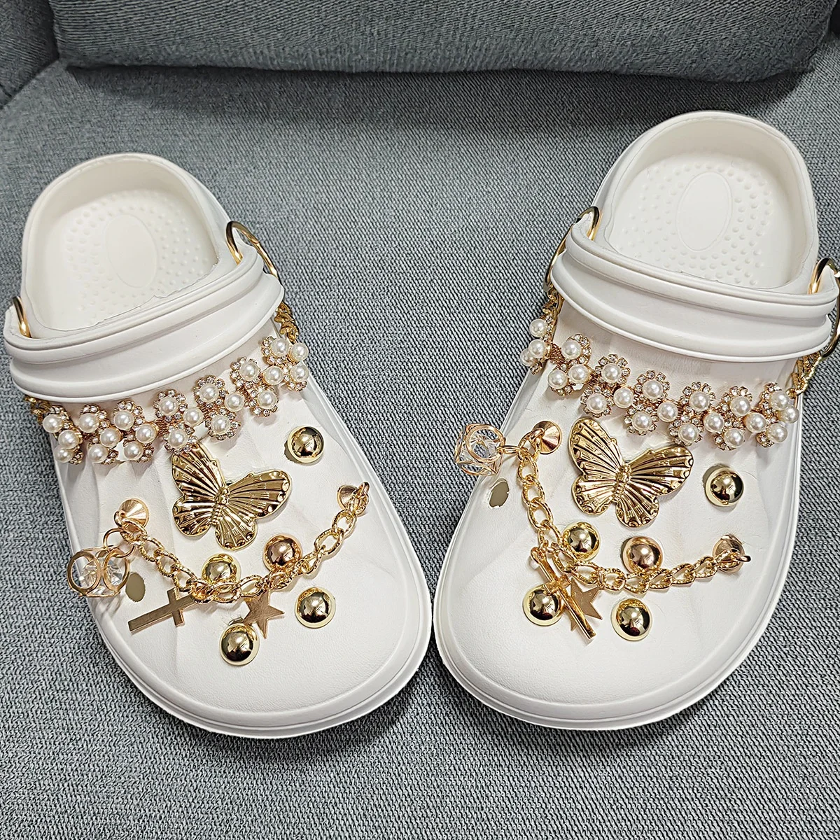 Gold chain metal line butterfly Clogs accessories imitation pearl chain gold series hole shoe charms
