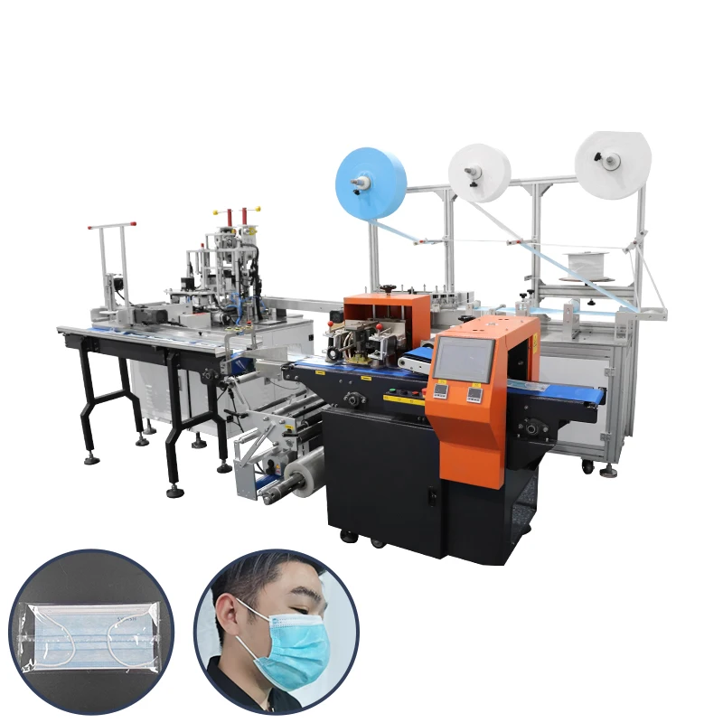 fully automatic 3ply 1+1 face mask machine with earloop folding device connect with servo packing machinery mask production line