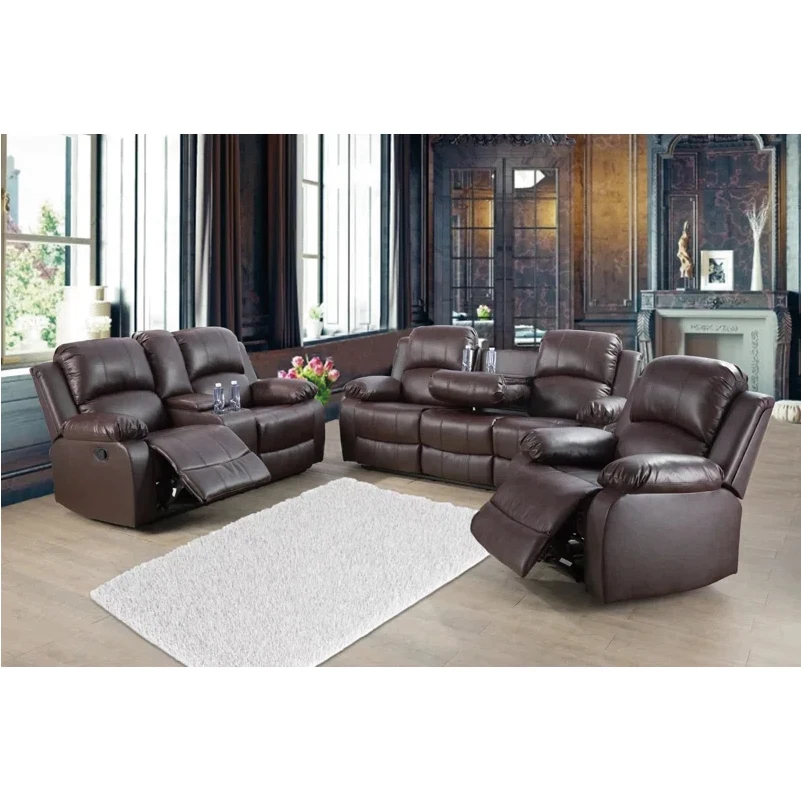 Sans Classic American Manual Air Leather 3+2+1 Recliner Sofa Set Reclining Living Room Set Motion Sofa With Drop Down Table