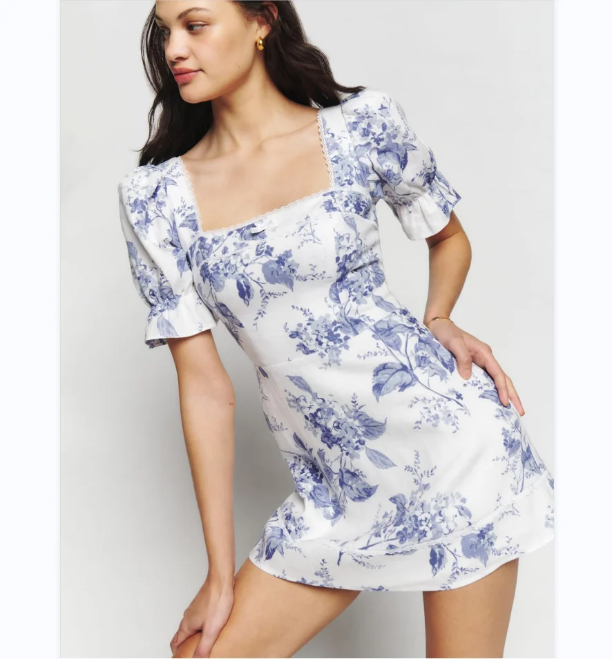 Custom Print Summer Linen Mini Dress Ties in Back Floral Printed Ruffle Sleeve Lace Collar Fitted Casual Women Linen Dresses UK