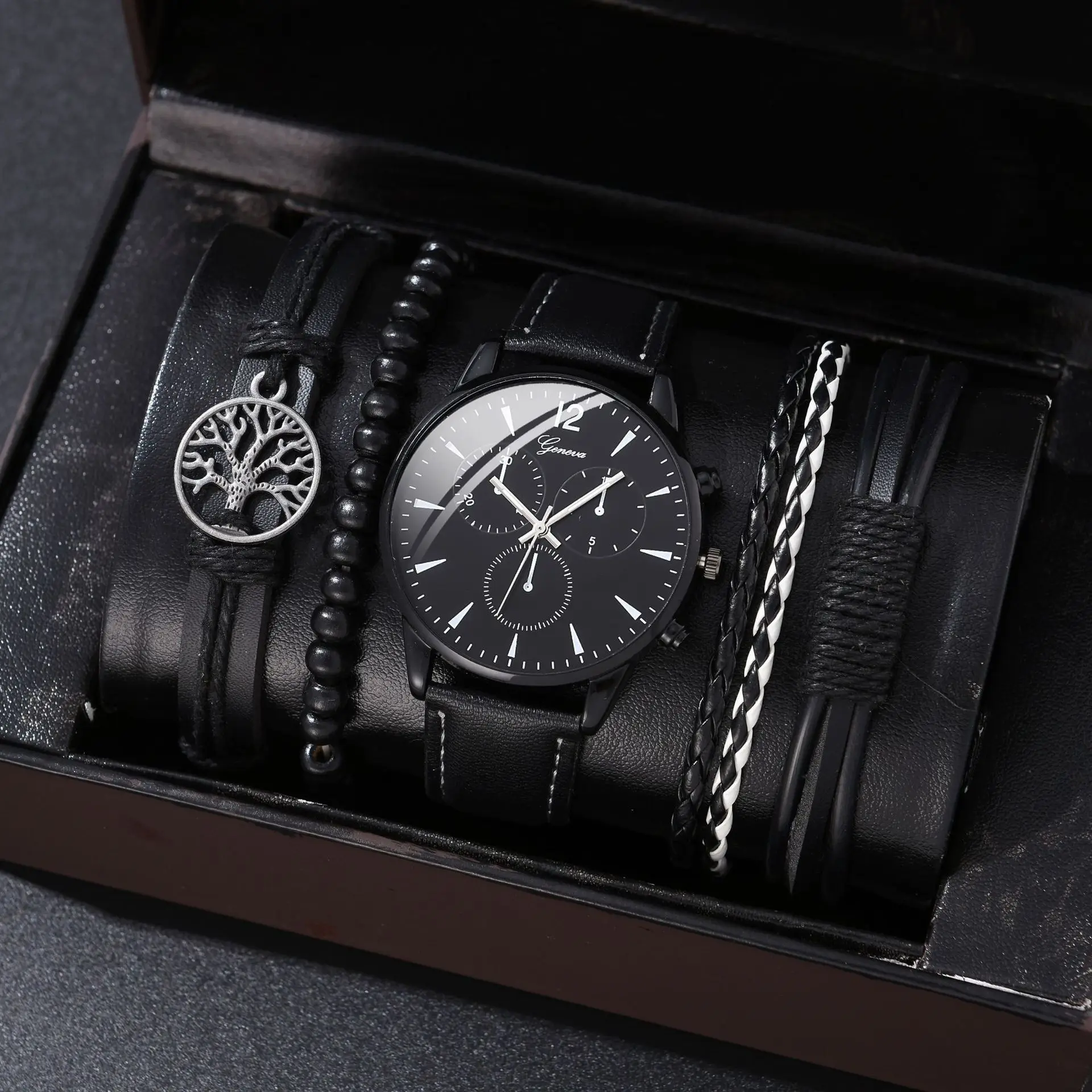 PU Leather Belt Quartz Watches Bracelet Set Sport PU Band Wrist Watch Business Clock Gift For Men Reloj Jewelry