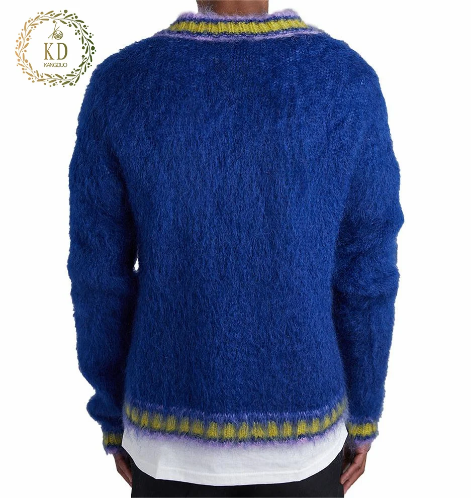 KD Knitwear Manufacturer OEM ODM Winter Knit Hairy Furry V-Neck Pullover Cricket Mixed Yarn Wool Mohair Men Sweater