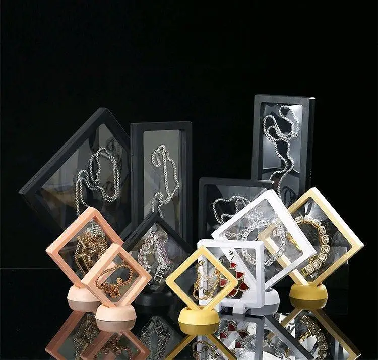 Clear PE Film Packaging Box Case Custom 3D Membrane Floating Frame Holder Stand Necklace Floating Jewelry Display Box