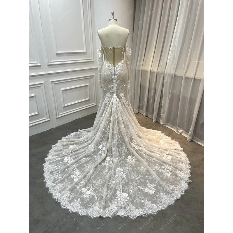 Hailey Style Chantilly Lace 3D Beaded Lace Sweetheart Long Off Shoulder Champagne Sexy Sheer Mermaid Wedding Dresses Bridal Gown