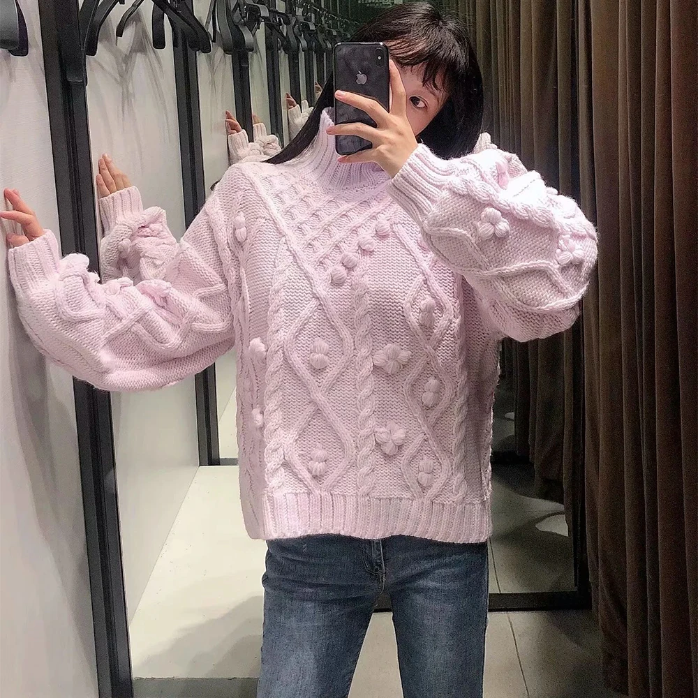 Зимний мешковатый свободный трикотажный женский розовый пуловер с рукавами-фонариками и вышивкой