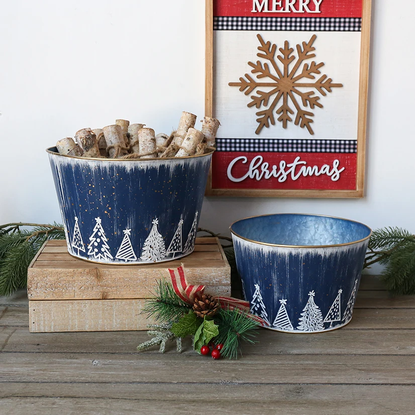 Factory Newest Bulk Sale Christmas Outdoor Decoration Blue Christmas Tree Iron Flower Pot  container  packing/giftpacking