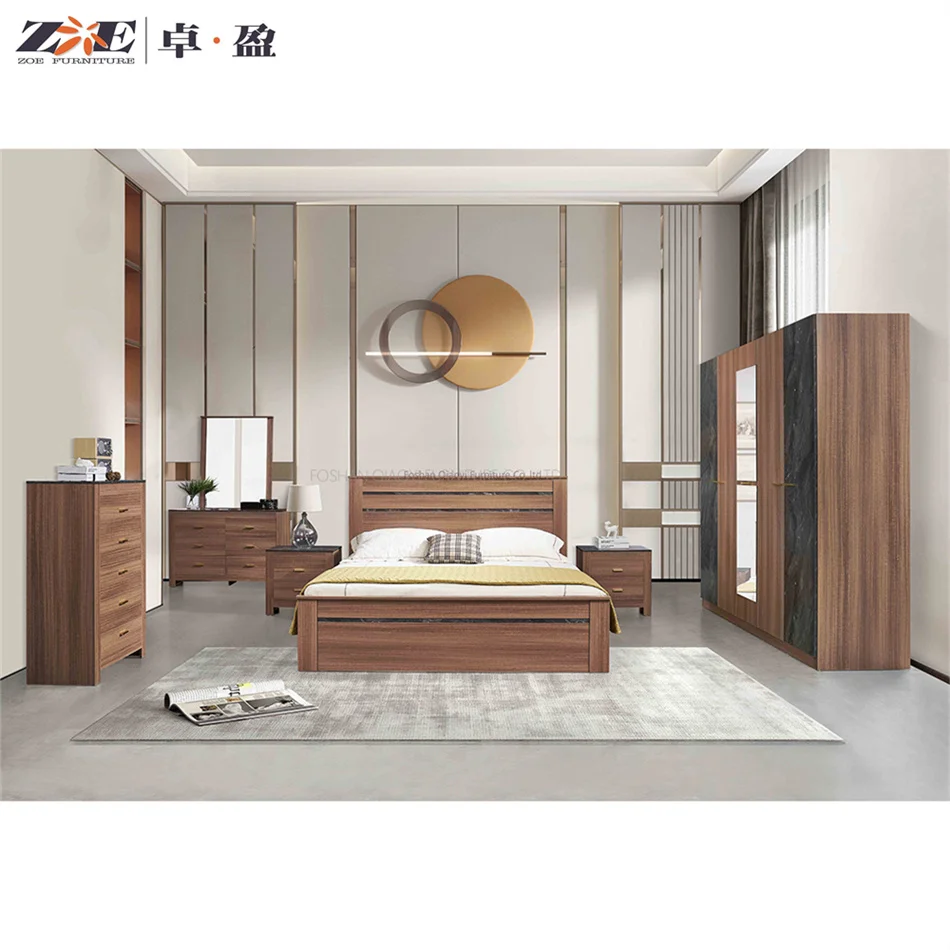 modern bedroom furniture sets MDF board bed and wardrobe
