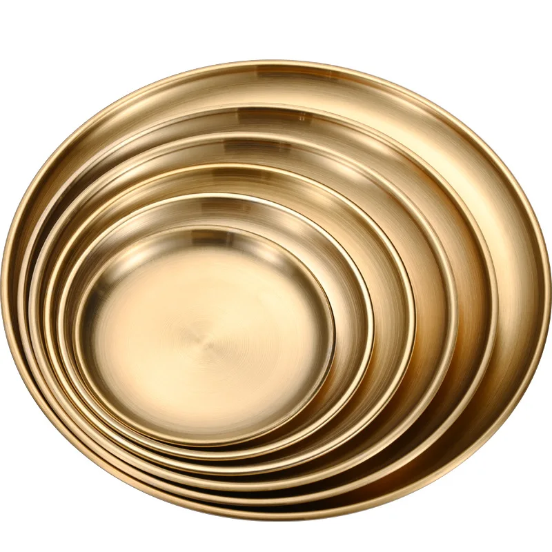 Restaurant Gold wire drawing Serving Tray Round Dessert Stainless Steel Dinner Plates Barbecue shop party camping