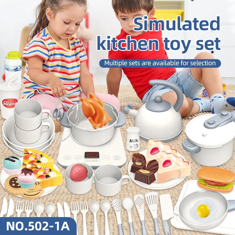 OEM European Cooking Kitchen Toys Simulation Kitchen Ware Sound And Light Cooking Utensils Kitchen Tableware Fruit Slice Set