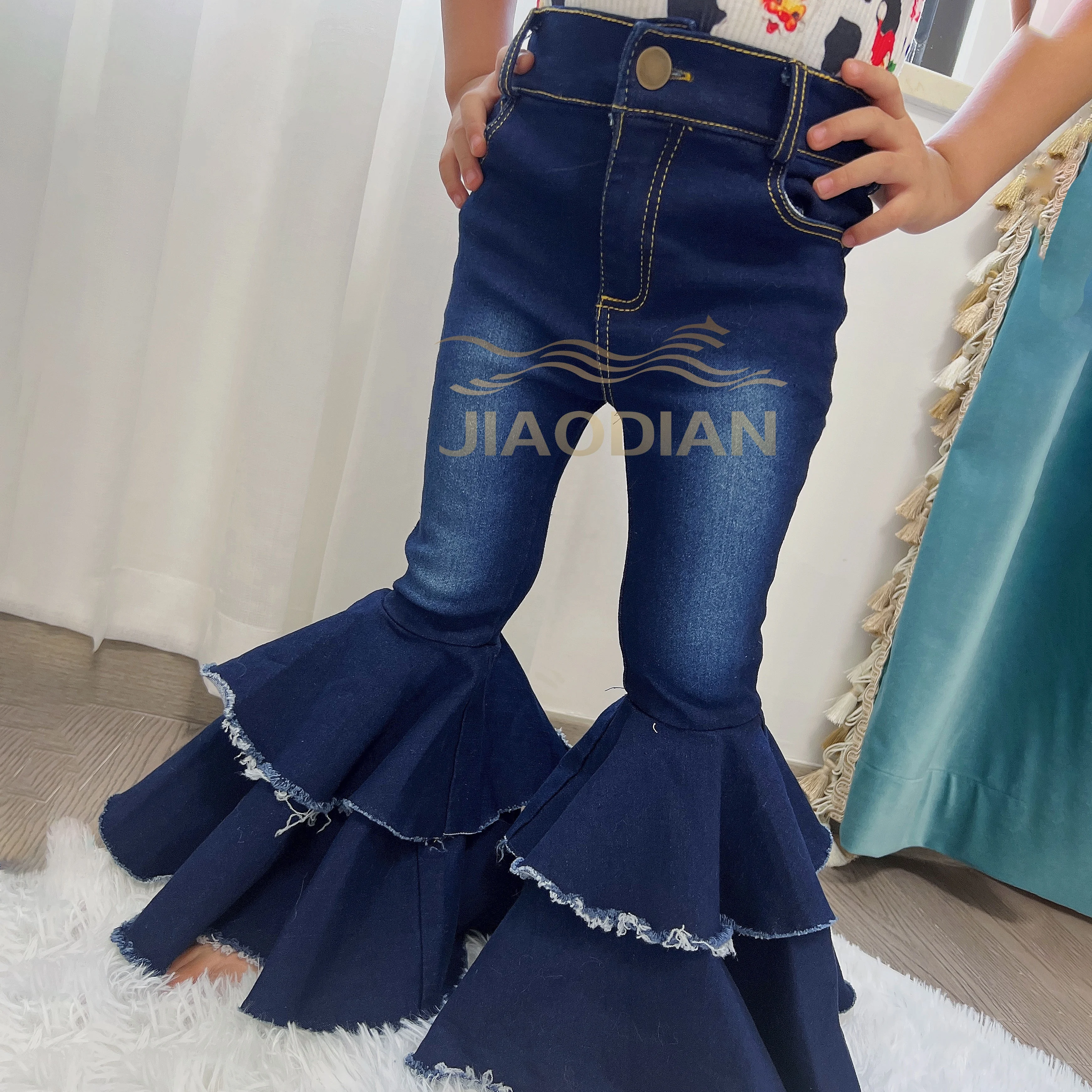 New Hot Sale Stylish Fall Winter Kids Denim Pumpkin Color Double Flared Bells Baby Girl Pumpkin Dual Ruffler Jeans Bells