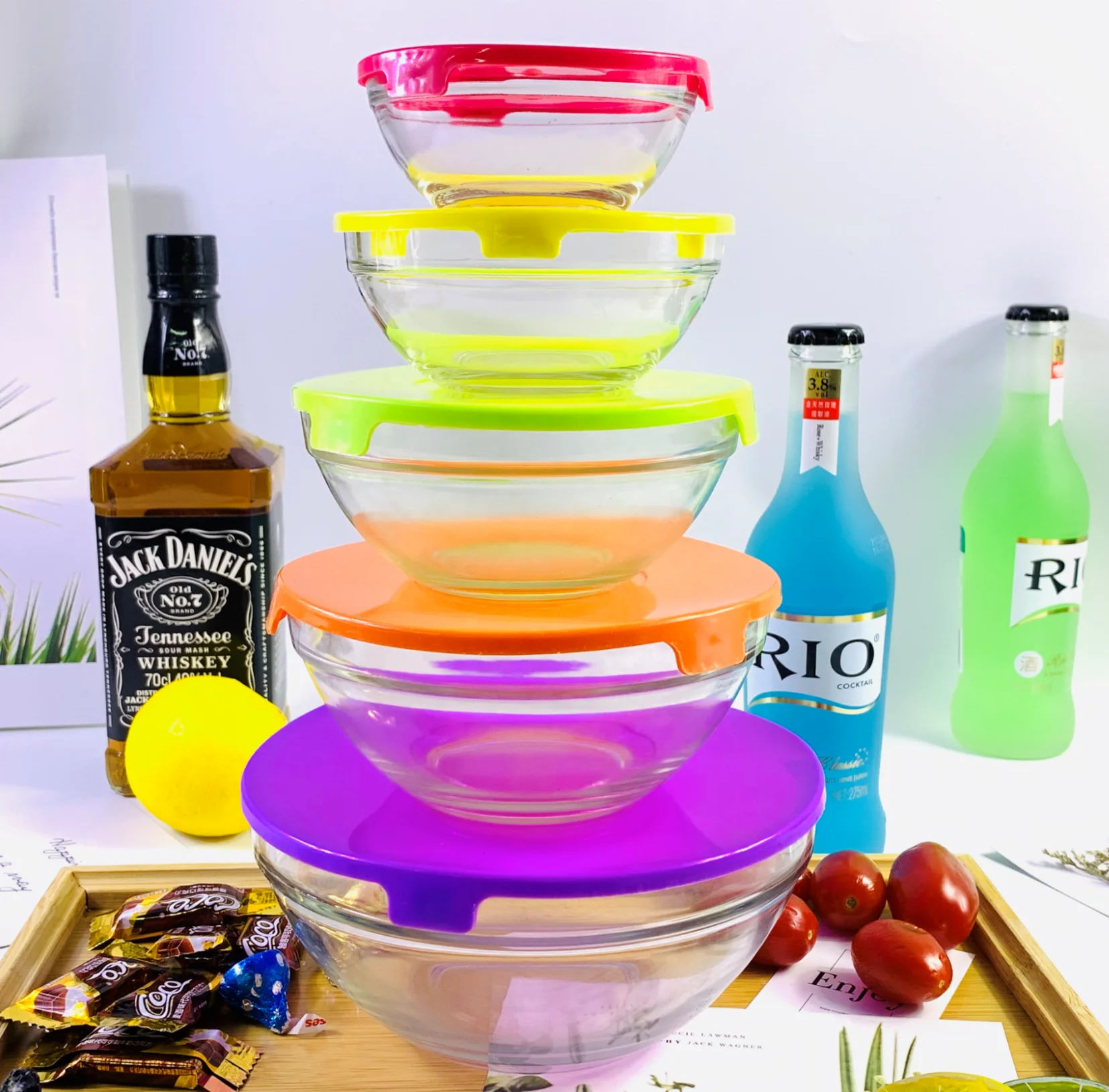 Heat-resistant borosilicate microwave 5 pcs glass candle fish salad industrial size clear mixing bowl with plastic lid