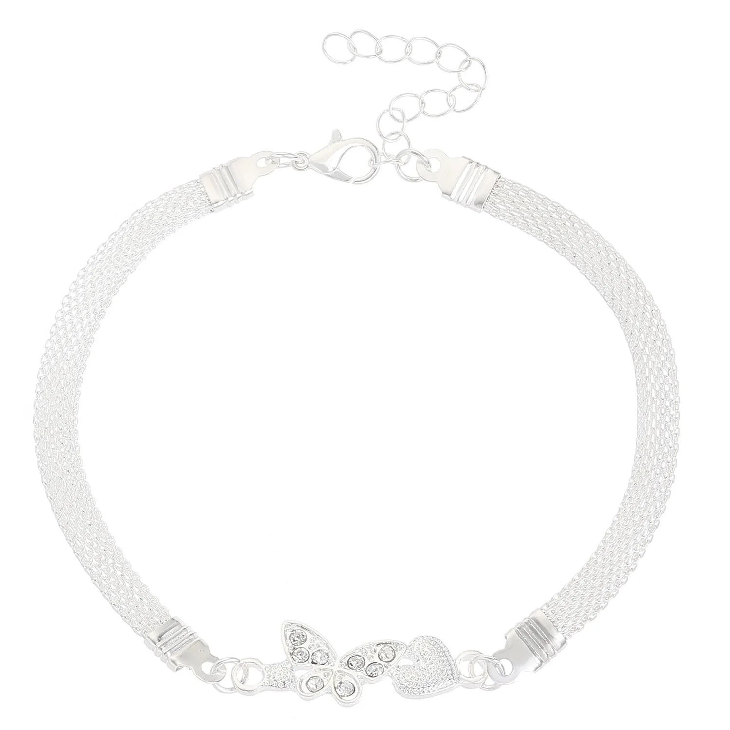Trendy Woven Mesh Silver Alloy Foot Chains for Women Shiny Diamond Inlay Love Heart Butterfly Infinite Symbol Ankle Chains