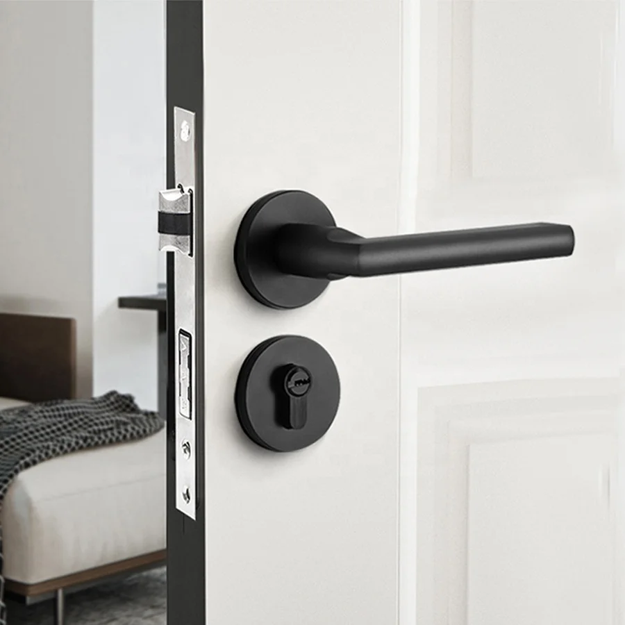 Fashion Bedroom Door Handle Lock Solid Aluminium Alloy Black Interior Room Door Handles Lock