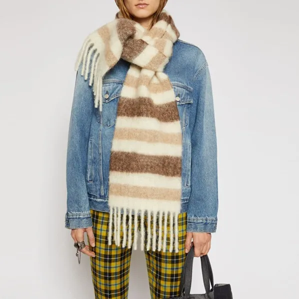 RTS/OEM Colorful Scarf Custom Logo Vintage Stripe Pattern 250 cm Woolen Thick Tassels Scarfs For Women Winter