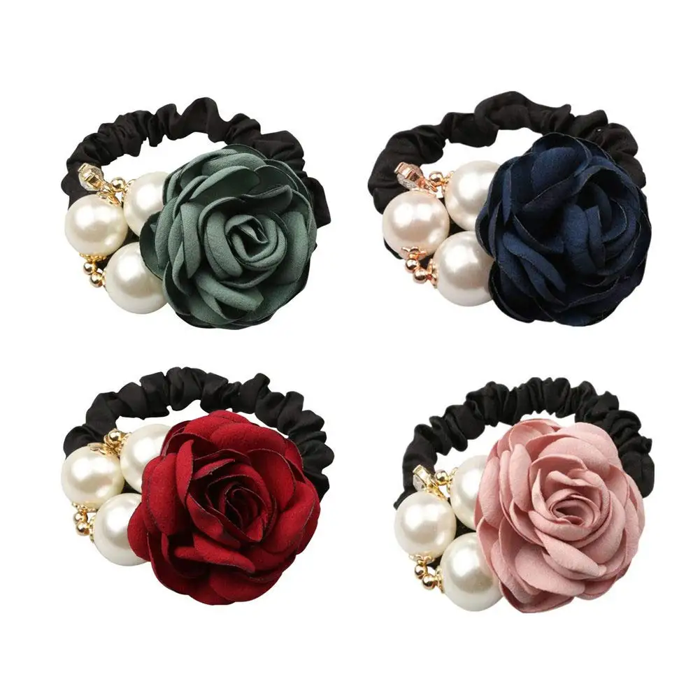 
Fashion Pearl Hair Rope Rose Flower Hair band Rhinestone Hair Ties Rubber Band Jewelry 