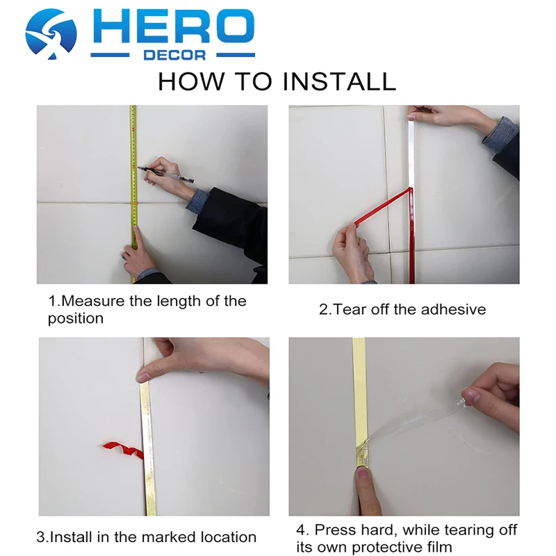 HERO Metal Wall Mirror Stainless Steel 201 & 304 Sticker Adhesive Metal Gold Wall Tile Edge Trim Flat Strip